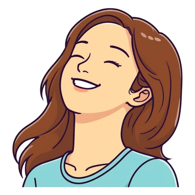 Woman from side point of view  with one hand on top of her forehead, eyes closed, laughing and smiling really hard. Hair is brown and long sticker