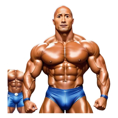 Dwayne Johnson, covered in oil, on stage at a Mr. Universe bodybuilding competition, striking a 'Side Triceps' pose. His defined muscles gleam under the bright lights, with the audience and judges in the background, capturing the intense focus and strength of the moment. Transparent background. sticker