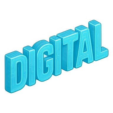 The word "DIGITAL" BOLD, floating, cyan blue sticker