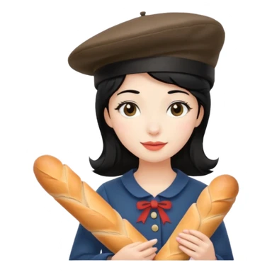 girl with black hair with a french hat and holding a baguette sticker