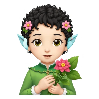 Tiny elf baby black curly hair with pointy ears, hold flowers sticker