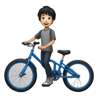 a ten-year-old boy with black hair and blue eyes with freckles juggles on a unicycle sticker