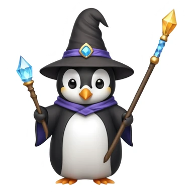 penguin wearing a wizard hat and robe, holding a magic wand sticker