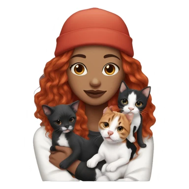 Long Red haired woman in beanie with septum piercing holding black and white English Staffordshire puppy and tabby cat sticker
