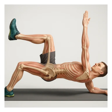 Anatomically hyperrealistic 4K depiction of a man in dead bug position, variant with opposite arm and leg raised higher, highlighting pelvis and spine bones, translucent muscles and skin, medical atmosphere. sticker