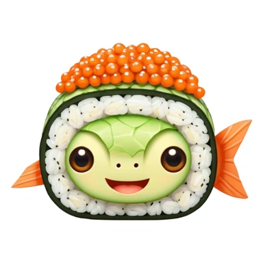 Cute Kawaii California Roll, tiny and round, cute layers of avocado, crab, and cucumber, wrapped in bright orange fish roe, a joyful winking face, tiny sesame seed freckles! sticker