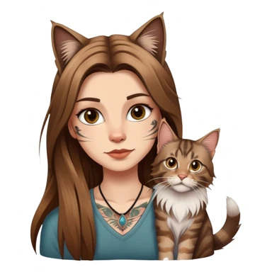 white girl with long brown  straight hair and tattoos and a tabby Maine coon cat sticker