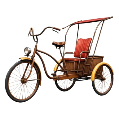 ​Cinematic Realistic Tricycle Rickshaw, depicted as a vintage manually operated vehicle featuring two front wheels and a single rear wheel, rendered with detailed rustic textures, vibrant colors, and dynamic urban lighting that captures its unique design and cultural charm, sticker
