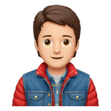 Marty McFly from Back to the Future, red puffer vest, denim jacket, confident smile sticker