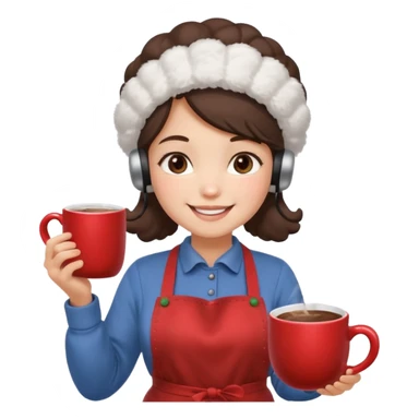 A cozy vendor with fluffy earmuffs, wearing apron handing out steaming cocoa with a warm smile. sticker