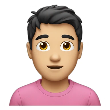 white boy with black hair in pink t-shirt with letters idea on the chest sticker