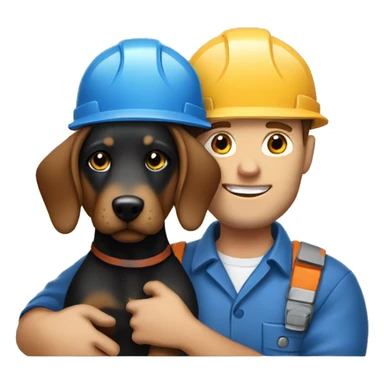 Bold white male construction worker wearing a hat and blue work wear Holding a little black and Brown dog on his arm sticker