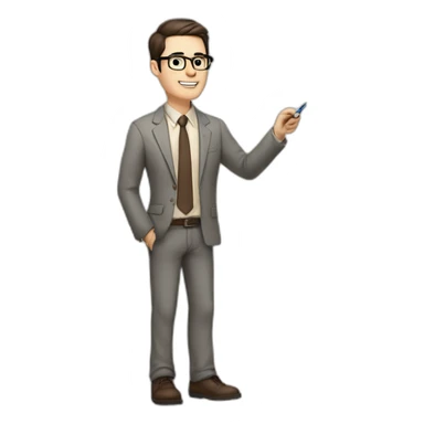 Pale skinned fit man teacher with dark brown hair in gray jacket, beige office shirt, brown tie, brown pants and vintage glasses Writing on the marker board sticker