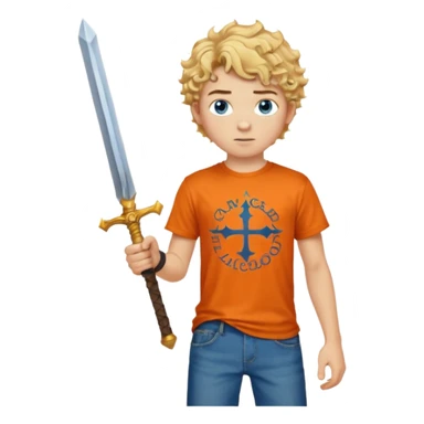 20 year old boy with curly blond hair and blue eyes with freckles wearing an orange no blue “Camp Halfblood” tshirt with the official percy jackson camp halfblood logo on it and blue jeans have him swinging a gold sword  sticker