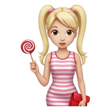 Beautiful woman with long blonde ponytails wearing light pink bodycon dress holding a lollipop sticker