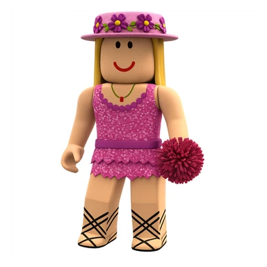 Extract only the character in a pink dress and hat (third from left) from the image, place it on a transparent background, and keep the original Roblox style and appearance. sticker