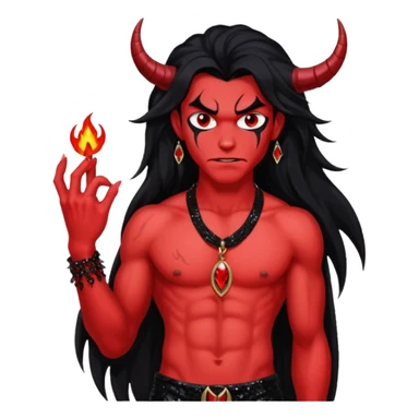 Satan with red skin, long black hair, black sequin baggy pants, shirtless with necklace sticker
