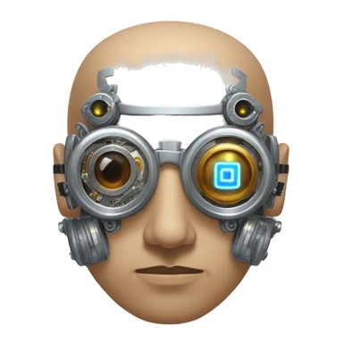 Tan bald male Latino cyborg head with grey beard, silver steampunk monocle goggles and circuits sticker