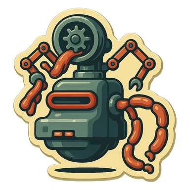 sausage-processing droid. retro-futuristic style. in front is a large industrial grinder rotating gears and blades. Two robotic arms feed material into grinder. Sausage links extrude from the rear like  factory. The body is metallic, compact, and floats above the ground.no legs. Dark humor sticker