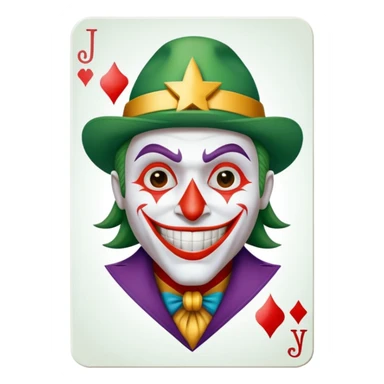 1 poker card, perfectly squared card, with crazy colorful human jolly joker inside, magic star symbol with a "J" sticker