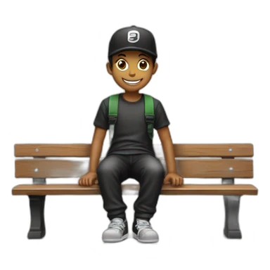 smiling boy,in black , sentado en un banco, con gorra  sticker