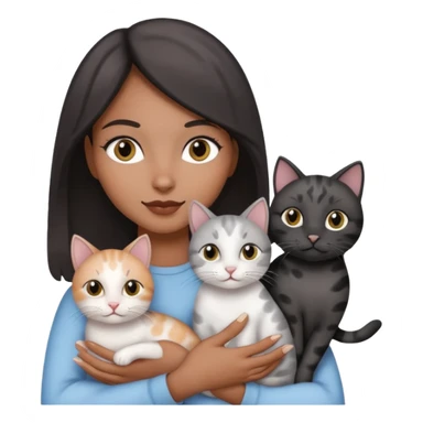 a woman is holding three cats, first cat is black, second cat is gray, third cat is gray white spots sticker