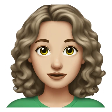 Brunette white girl with green eyes and medium length loose waves in hair and freckles on nose sticker