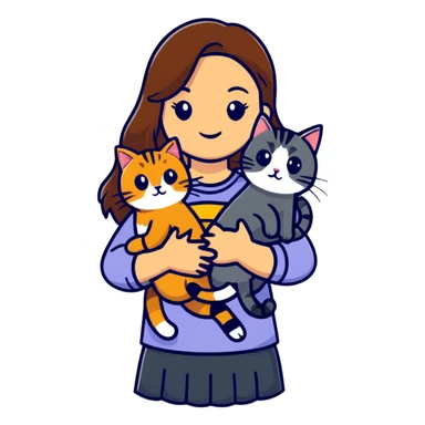 tan girl with long brown hair holding two cats, one black cat and one grey-striped cat sticker