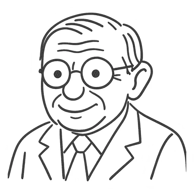 Enhance the Jean-Paul Sartre black outline icon by adding more detail while keeping the number of strokes moderate for clarity. Depict him with a happier expression, maintaining the hand-drawn outline style, round glasses, and transparent background. sticker