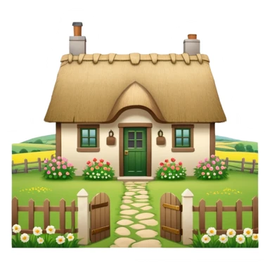 A countryside cottage with a thatched roof, wooden door, flowers around the house, green fields, peaceful rural scenery, natural lighting, detailed and realistic sticker