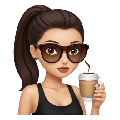 generate a pretty fair bratz girl with dark brown eyes, dark brown eyes tied into a slick back ponytail, thin brown sunglasses. Wearing a black cami top and drinking coffee, high cheekbones sticker