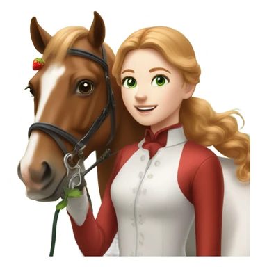 Extremely attractive and feminine white teen girl with green eyes and medium length strawberry blonde hair wearing traditional English riding gear giving a treat to a brown and white paint horse sticker