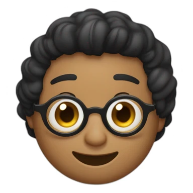 Hombre de pelo negro, ojos negros, piel trigueña, pelo corto peinado hacia la derecha, lentes negros para la vista, sonrisa alineada, luna en la parte i quina de la nariz sticker