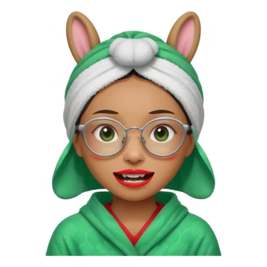 Asian woman who has a big rabbit front teeth wearing a green towel in her head with a broken glasses on her face in red pajamas sticker