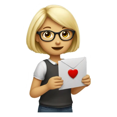 A blond girl with glasses holding a heart enveloppe in her hand and pulling a letter o sticker