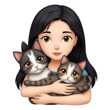 girl with black hair hugging three cats  (torti cat, gray cat, brown calico cat) sticker