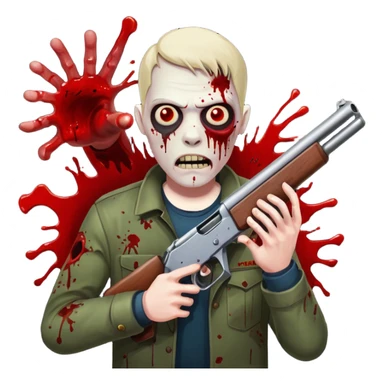 Man in foreground firing shotgun, zombie approaching from front, blood splatter, dark horror, no background












 sticker