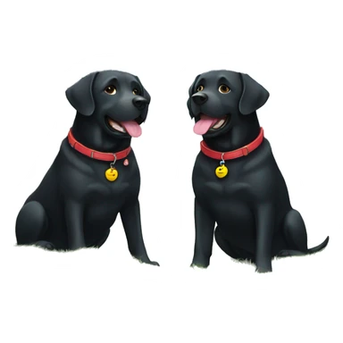 TWO happy adult BLACK labradors. one with a red collar next to another happy adult BLACK labradors with a light blue collar. sticker
