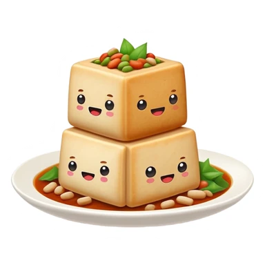 Hakka Stuffed Tofu with five spiced meat filling, simplified emoji style with bold outlines and bright colors, cartoon style unique triangular stuffed bean curd sticker