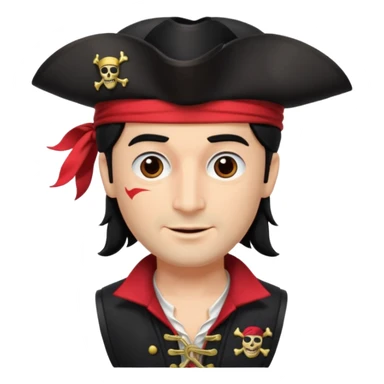 Captain Feathersword of The Wiggles with light skin, brown eyes, black hair, black pirate hat, white pirate shirt with red vest, one eye patch sticker