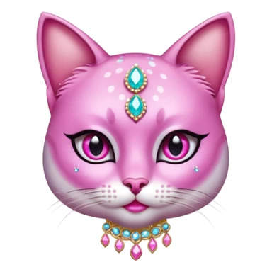 glamorous cat portrait, head and shoulders only, exaggerated pink makeup, bright eyeshadow, long eyelashes, shiny blush cheeks, sparkling face gems, glitter accents, elegant earrings, fantasy beauty style, cute 3D cartoon, mobile game icon style, clean background, no text, no watermark
 sticker