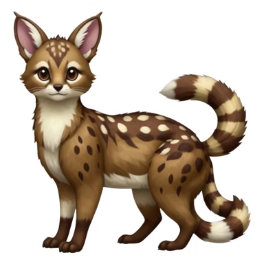 Colorful dark realistic chocolate-brown tropical beige fur glorious divine exotic cute cool beautiful shiny beautiful fantasy-Furret-Eevee-caracal-civet-genet-sergal-vernid-Cacomistle-oncilla-animal-Fakémon-hybrid-fursona with white deer-spots pattern markings (full body) sticker