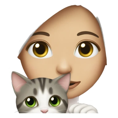 A girl with long brown hair and green eyes holds a gray tabby cat with green eyes in her arms sticker