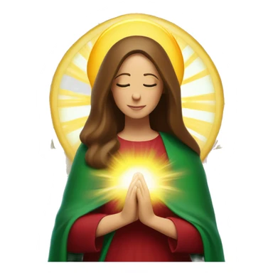 Virgin Mary: kind face looking down at the left, long brown hair, Wearing an emerald green  robe with gold stars and a burgundy red dress,  Hands in prayer or blessing. Halo around her head. standing in front of a big sun. colorful roses on the sides  sticker