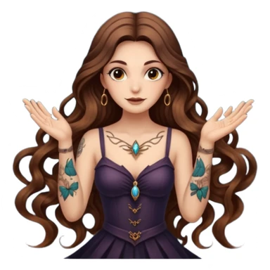 night witch woman long wavy brown hair tattoos spinning moth from fingers sticker