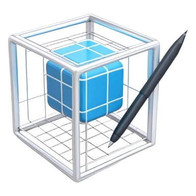 Create an emoji for 3D visualization and modeling. Show a 3D wireframe model or shape (e.g., a cube or sphere) with a design tool like a stylus and 3D rendering software interface. Use modern, professional colors. Do not include any emojis or smiley faces. Make the background transparent. sticker