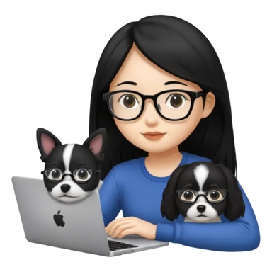 Asian girl with long black hair working on an Apple laptop, next to her is a small black and white dog with no collar on  sticker