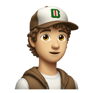 Teenager boy type italian, White skin, with baseball cap backwards with wavy brown hair (Which go down behind to the nape of the neck), Little bit dezoom sticker