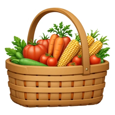 A 3D cartoon basket filled with fresh farm produce like carrots, tomatoes, and corn, placed on soil ground, soft natural lighting, Memoji-style texture. sticker
