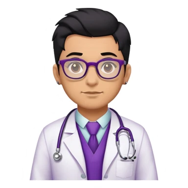 Male doctor tan skin glasses black hair, piercings and tattoos, violet uniform and white bata sticker